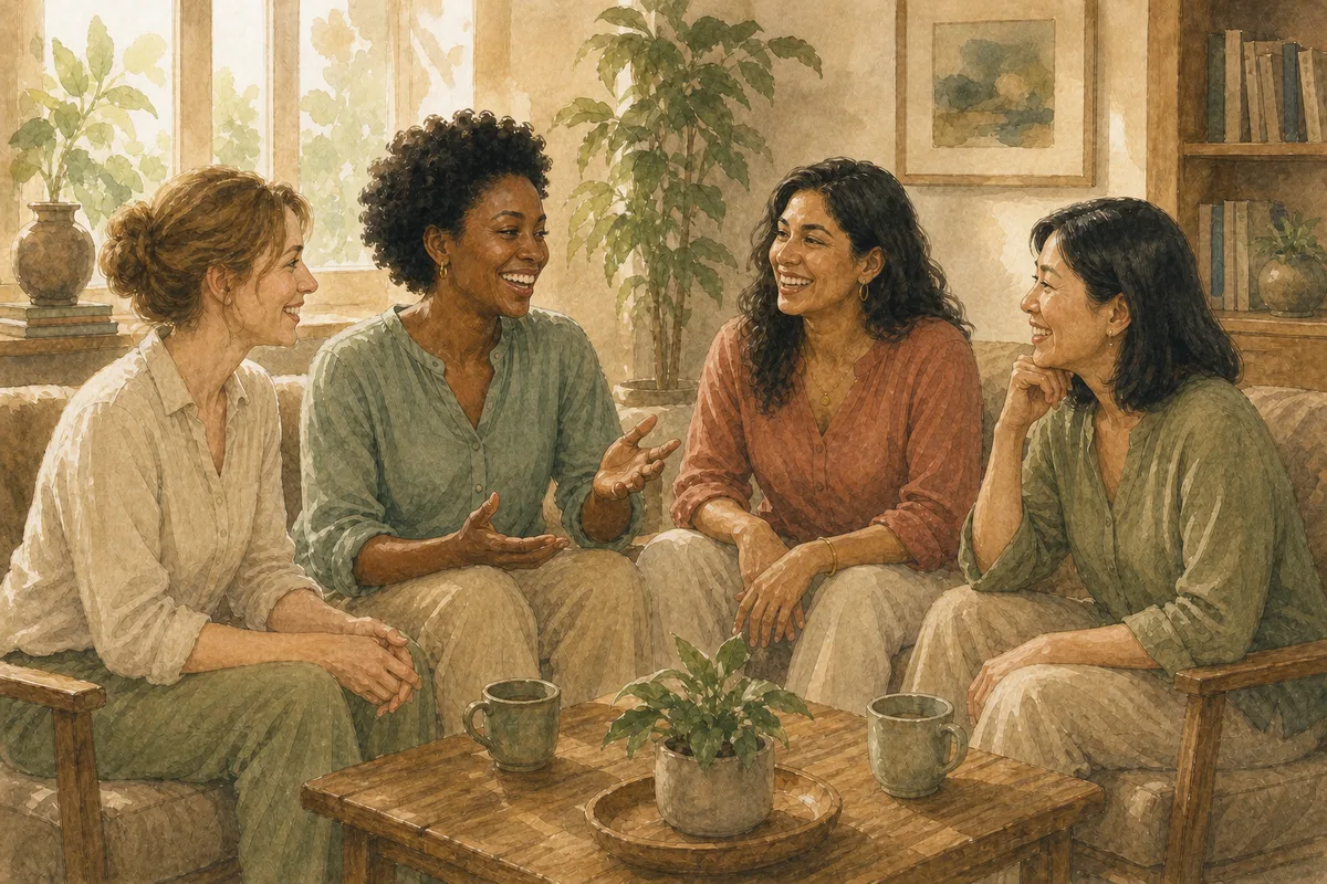 Watercolor of four women talking and laughing together around a low table in a sunlit room.