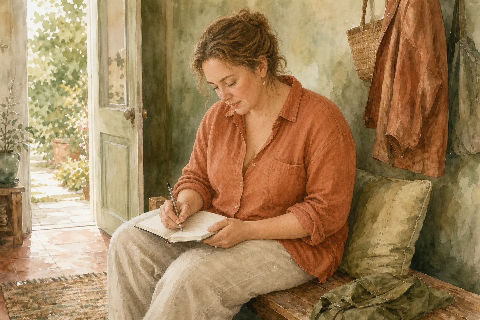 Watercolor of an adult resting on a bench and making a note in a journal after an ordinary day.