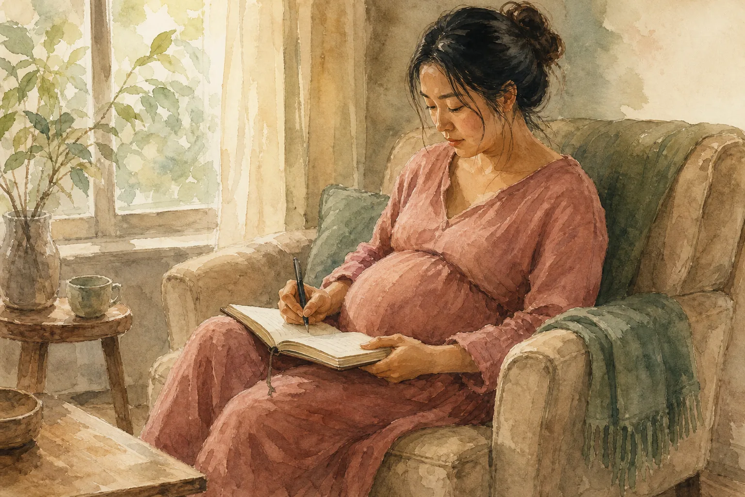 Watercolor of a pregnant adult resting in an armchair and writing a question in a notebook.