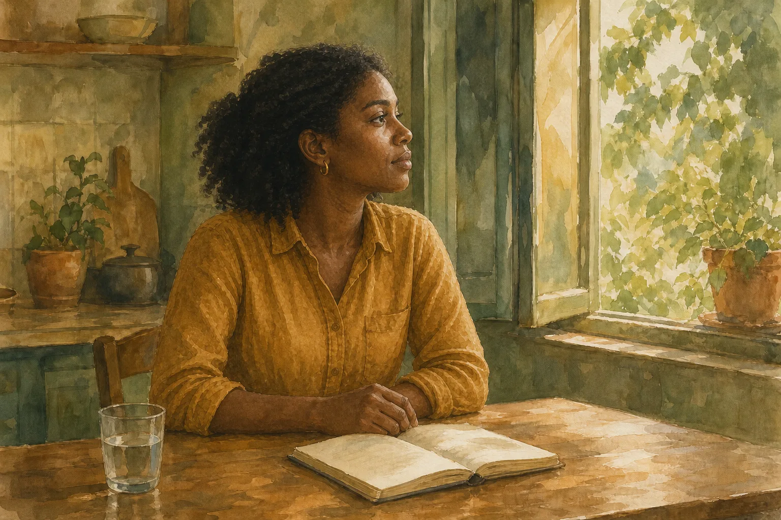 Watercolor of an adult pausing with an open notebook at a kitchen table beside a sunlit window.