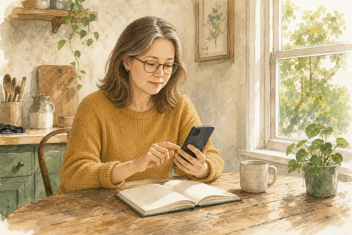Watercolor of an adult with glasses taking a moment with her phone beside an open notebook at a kitchen table.