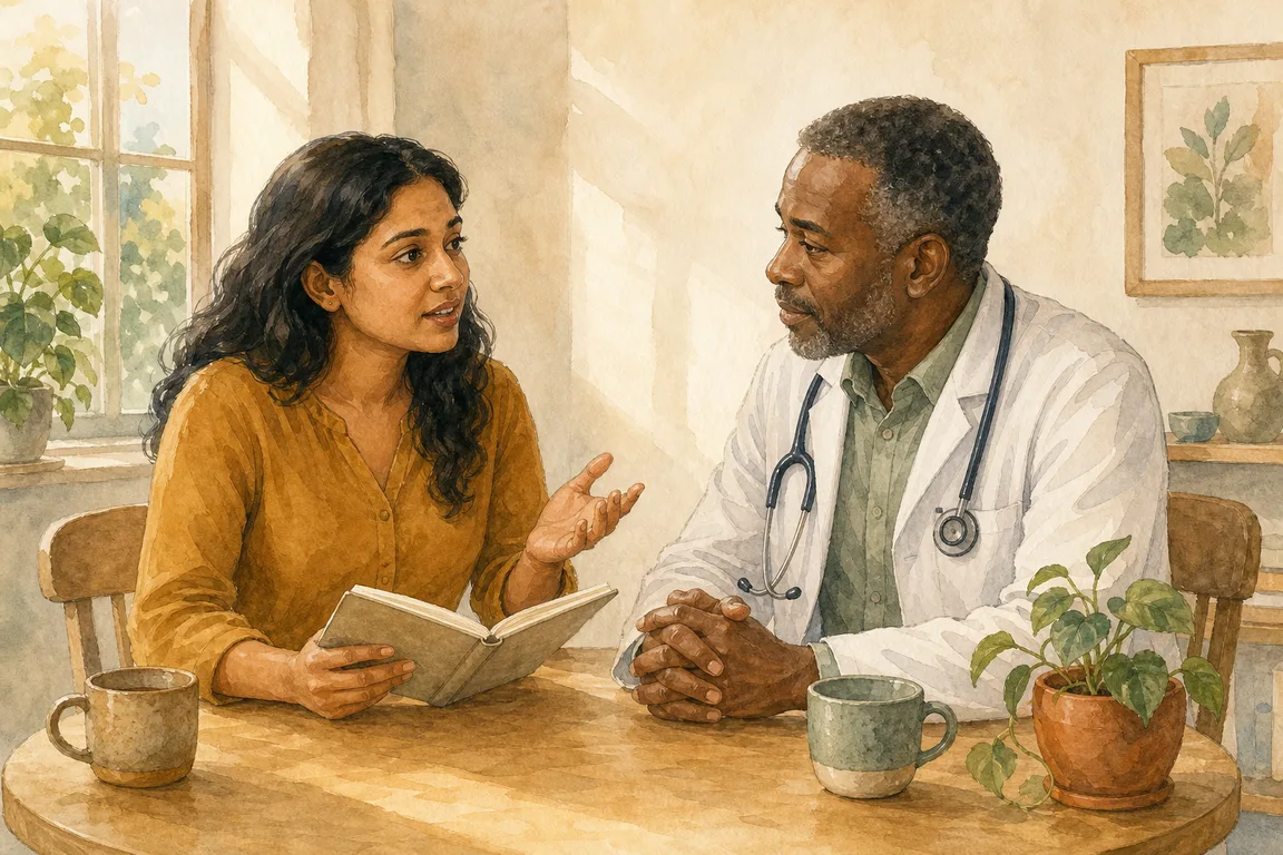 Watercolor of an adult bringing notebook questions to a clinician in a white coat, seated together in conversation.