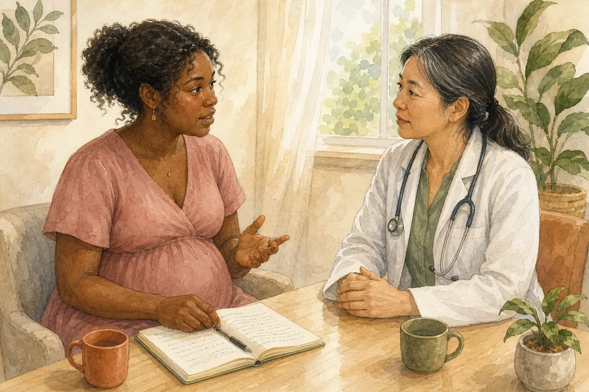 Watercolor of a pregnant adult discussing her notebook questions with a clinician in a white coat.