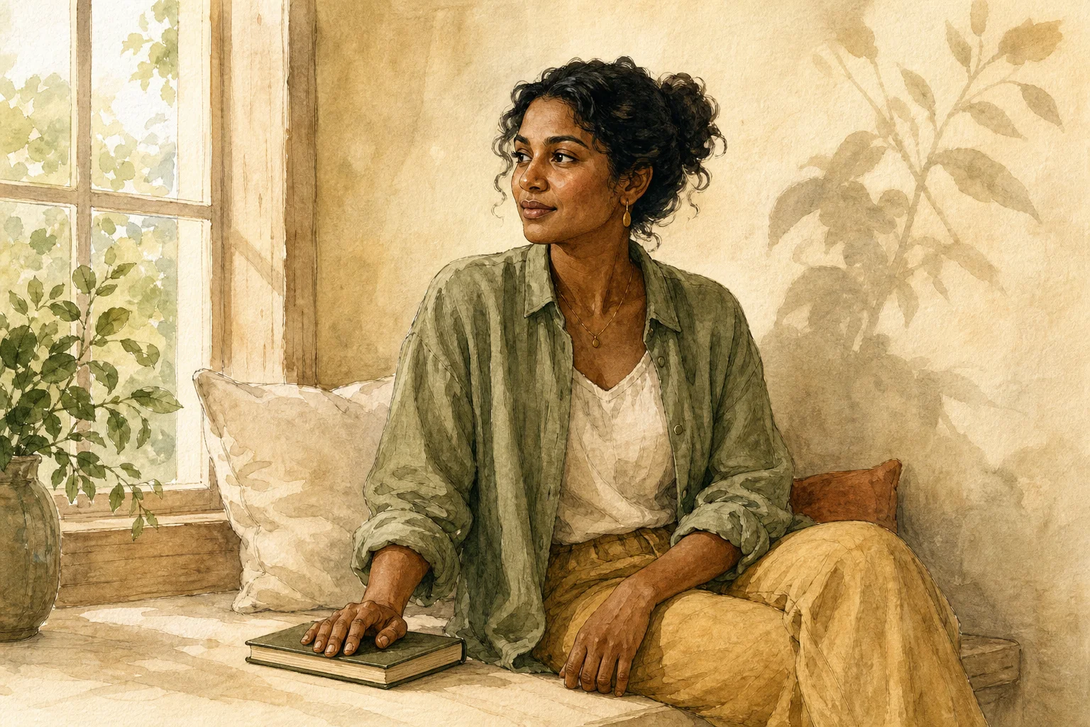 A woman rests her hand on a closed journal beside a sunlit window.