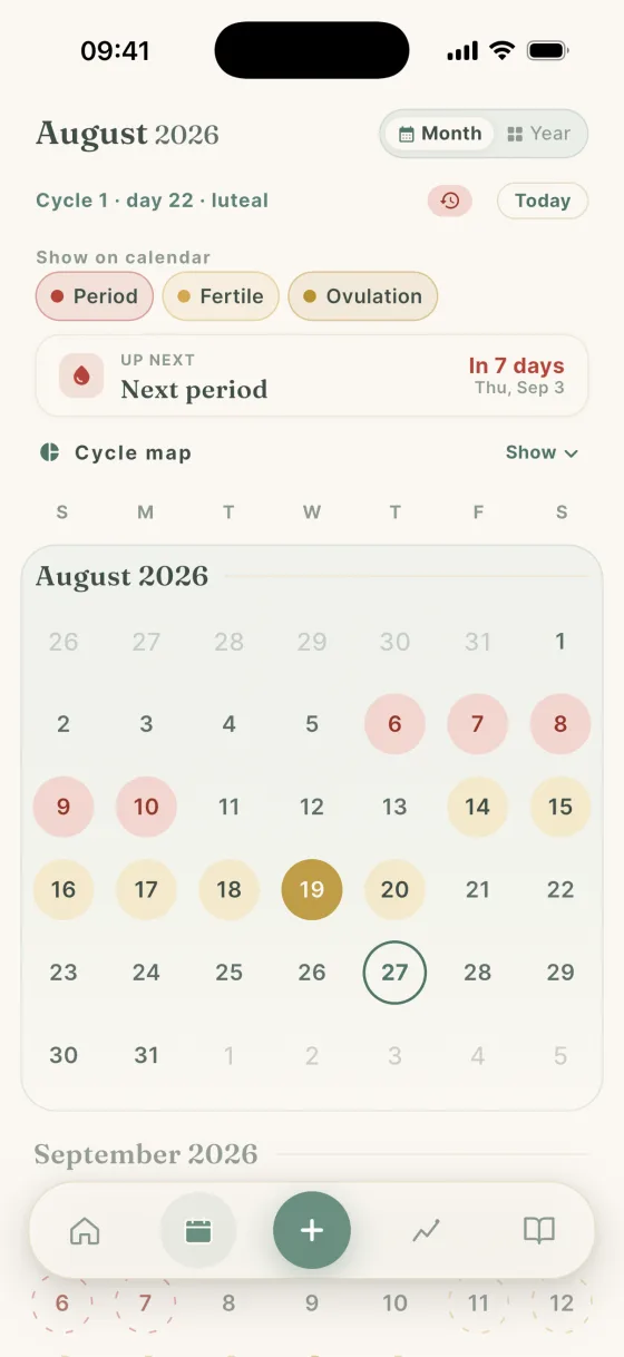 Dela calendar with recorded August days, an estimated next period on September 3 and the beginning of September’s estimated fertile days.