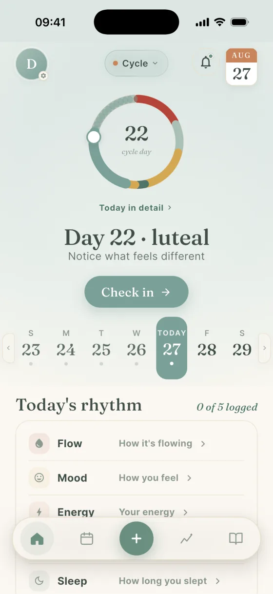Dela Cycle home showing cycle day 22, a daily check-in, and entries for flow, mood and energy.