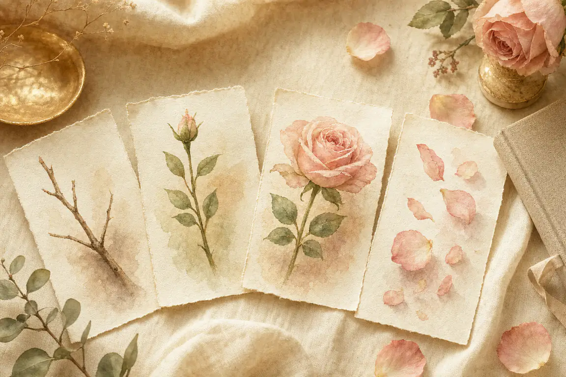 Four watercolor botanical studies on linen: a bare twig, a budding stem, a full rose and falling petals