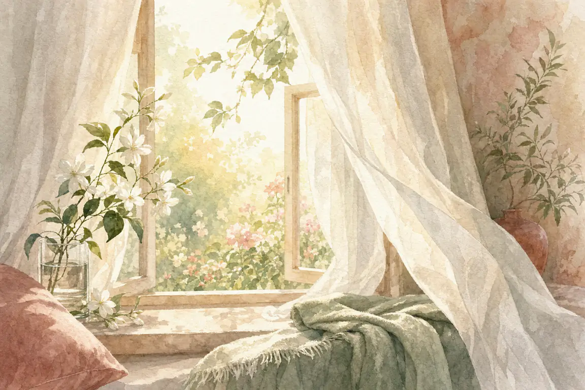 A watercolor of a sunlit open window with sheer curtains, jasmine in a glass of water and a garden in warm morning light