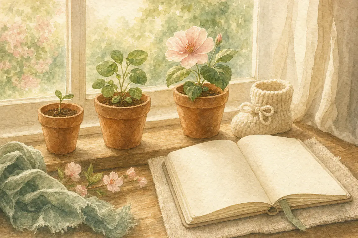 A watercolor windowsill with three potted plants growing in size beside a tiny knitted bootie and an open journal